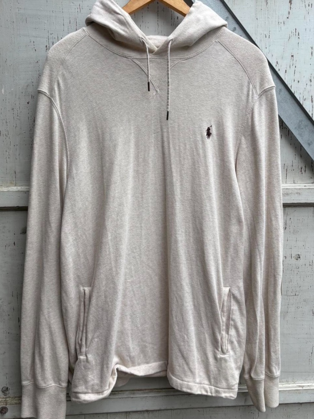 Vintage Polo Ralph Lauren Light Beige Hooded Fleece Pullover Patched Hoodie XL